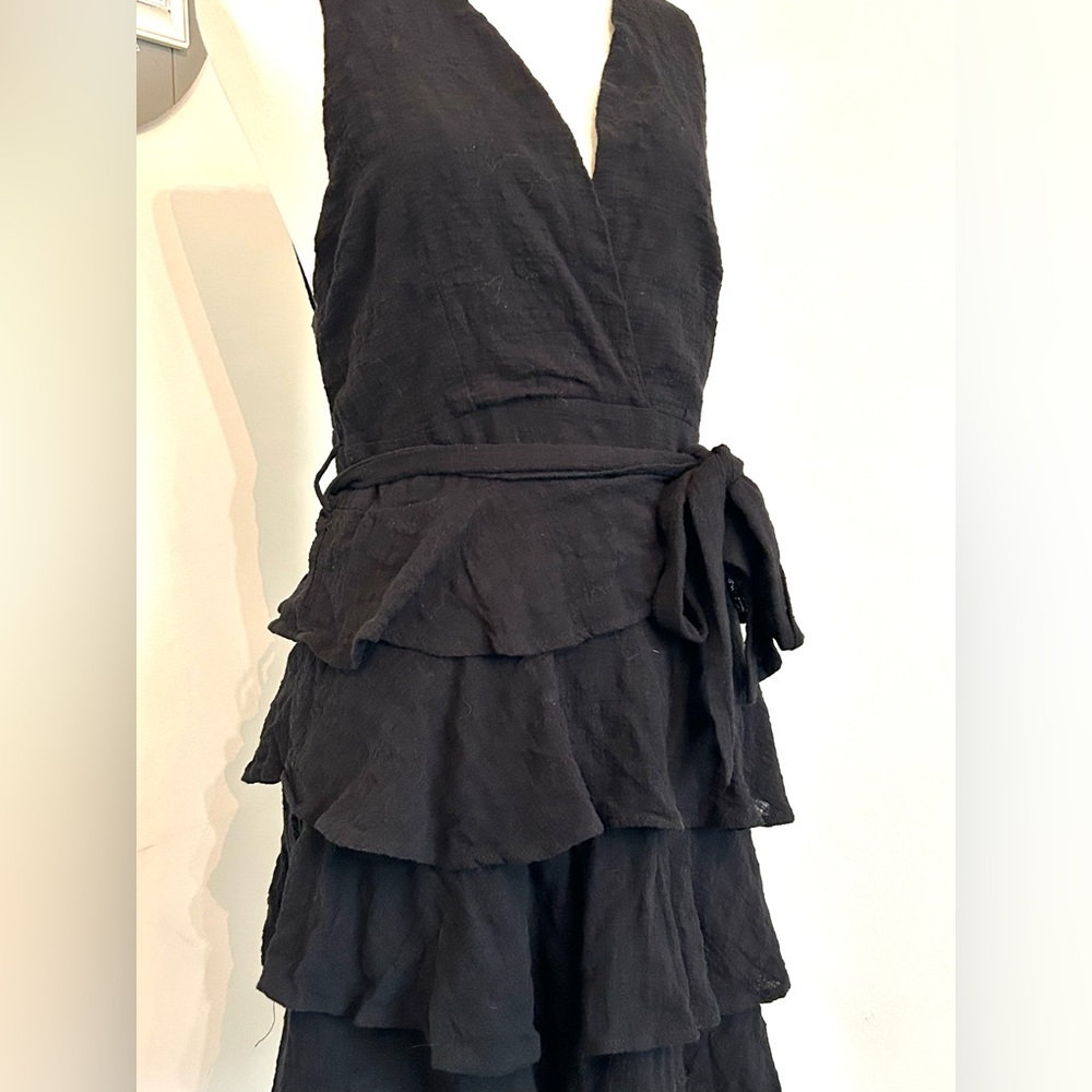 Paisley Womens Mini Dress Black Plunging Crossover V-Neck Waist Tie Tiered Skirt - Picture 4 of 11